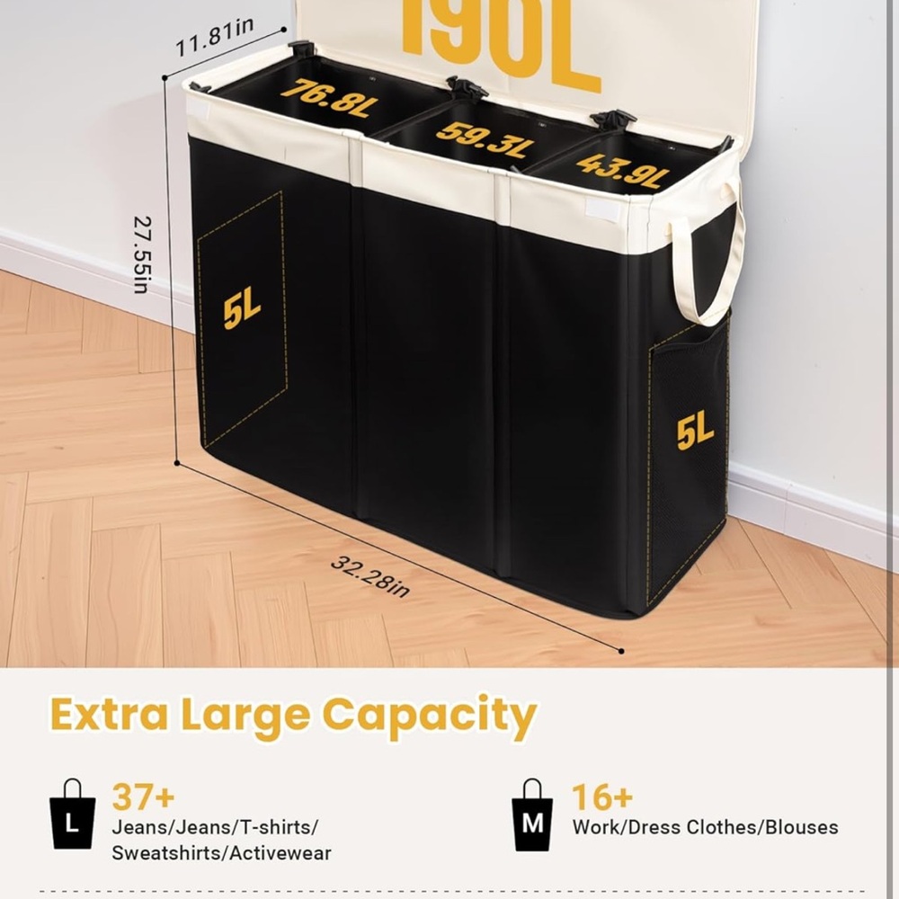 Laundry Hamper with lid and 3 section - Picture 3 of 9